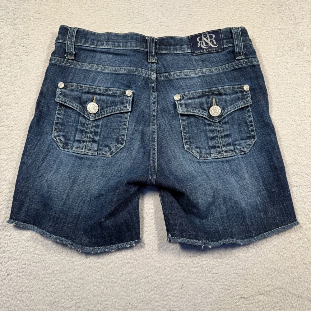 Y2K Rock & Republic Low Rise‎ Denim Jean Shorts Womens 2 Dark Wash Frayed Hem